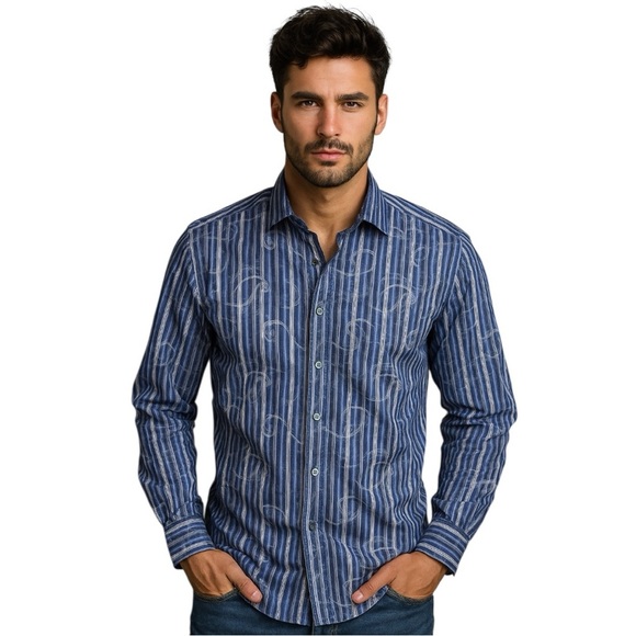 Bugatchi Other - NWOT Bugatchi Uomo Shaped Fit Swirl Stripe Button-Up Shirt Casual Luxe Size XL